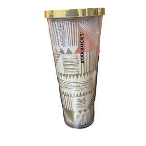 2014 Starbucks Aztec Pattern Cold Cup Coffee Tumbler Gold Silver 24oz Venti Size